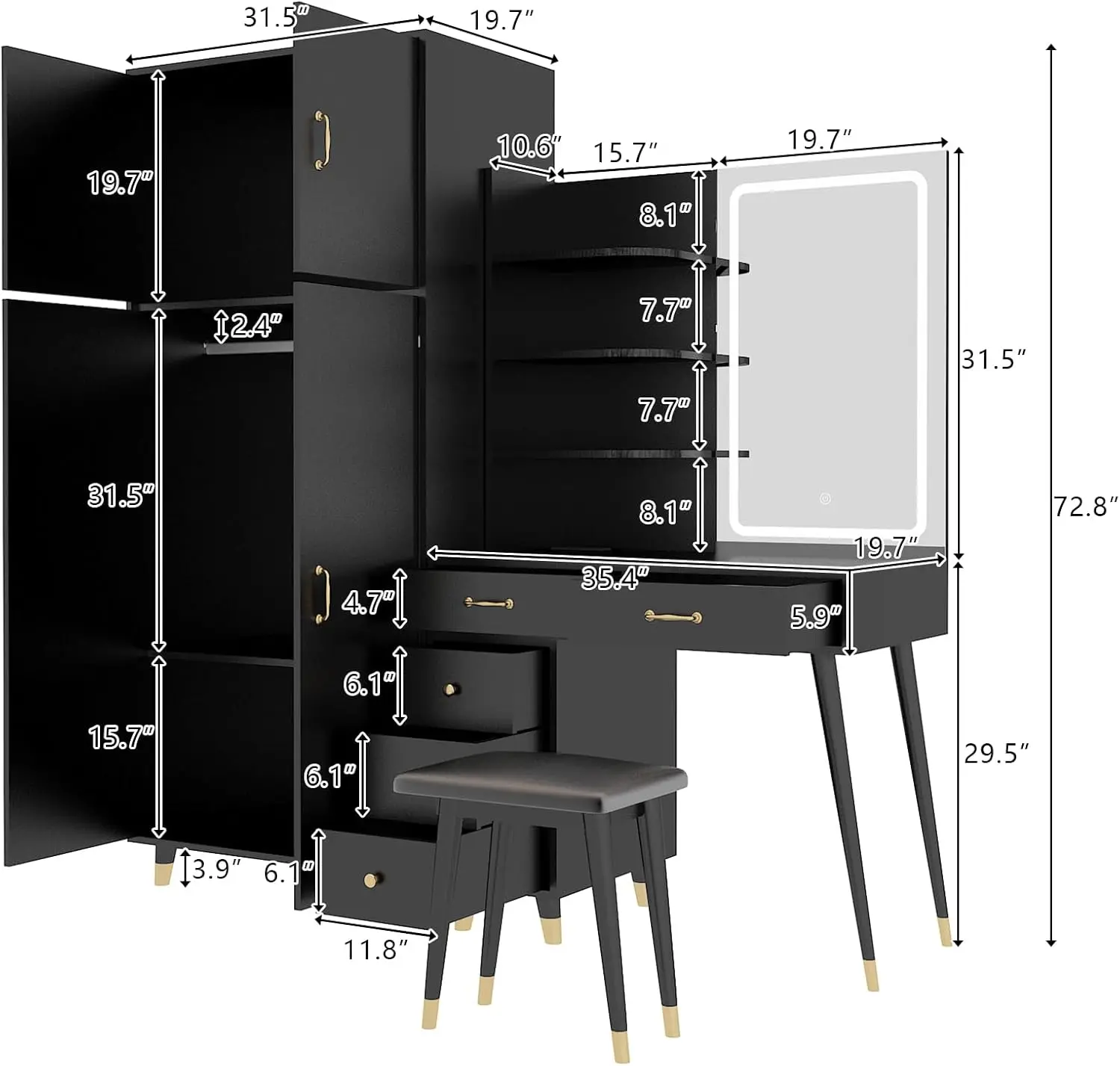 Karl Home Vanity Desk With Mirror And Lights Makeup Vanity Table Set With Charging Station Black Desk With Wardrobe, 5 Drawers,