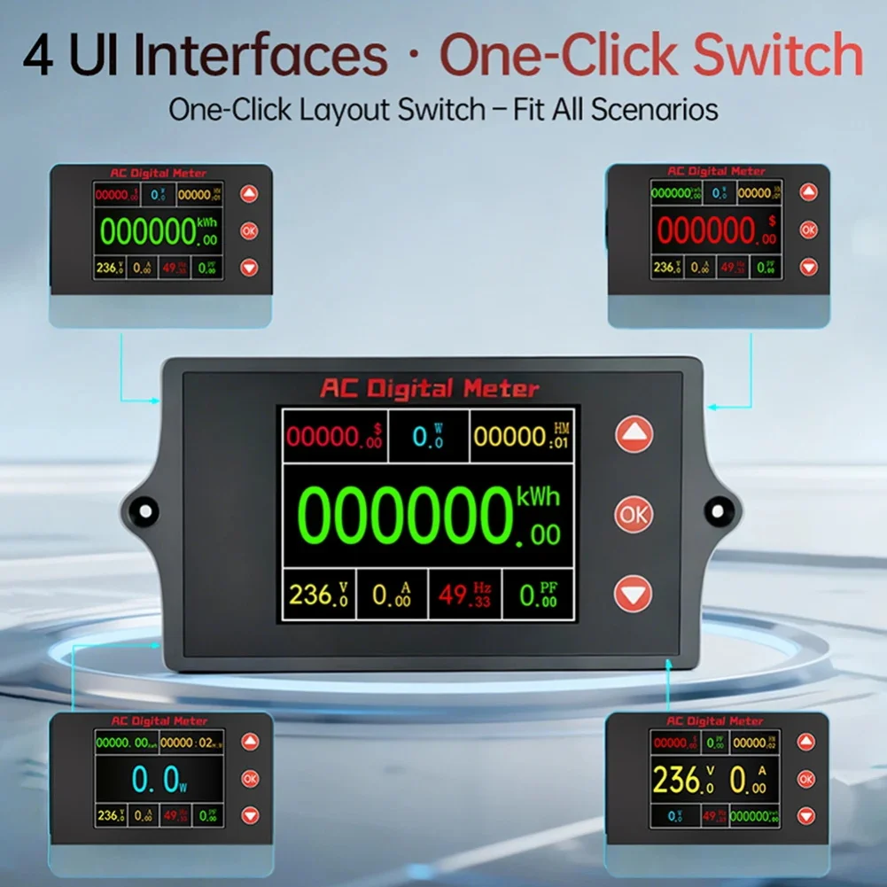 

AC 80-260V Digital Electricity Meter with Alarm Functions for Overvoltage Overcurrent Overload and Energy Limit