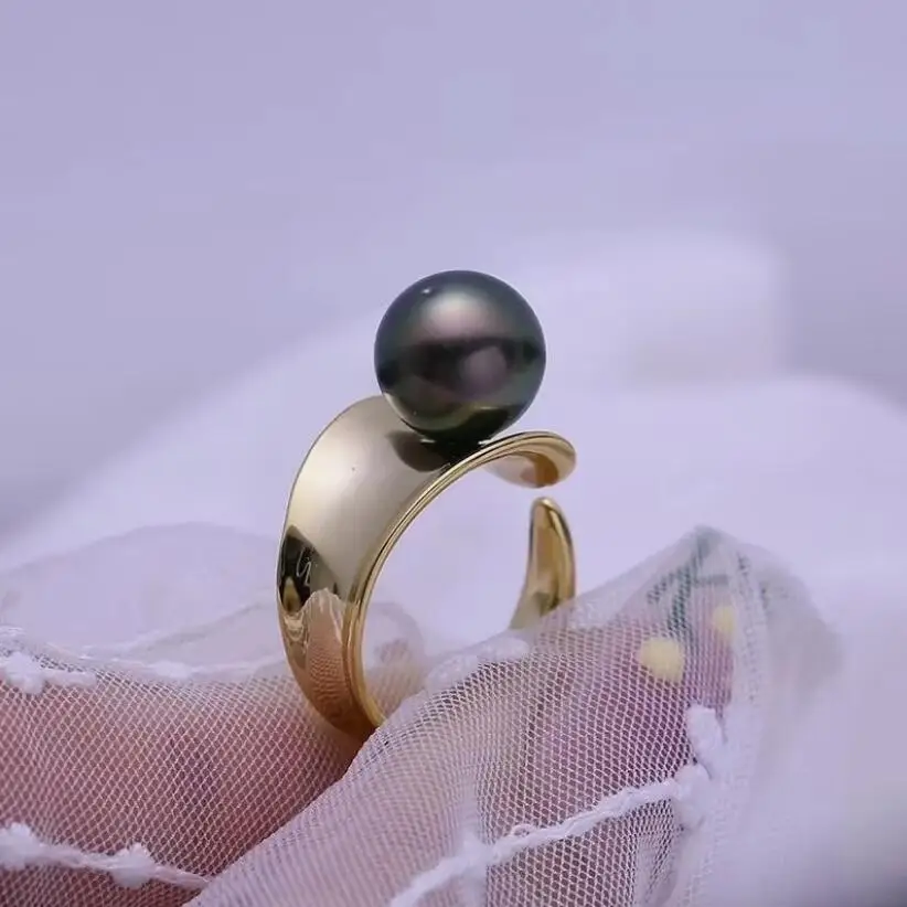 

stunning 9-10mm tahitian round black green pearl ring 925s