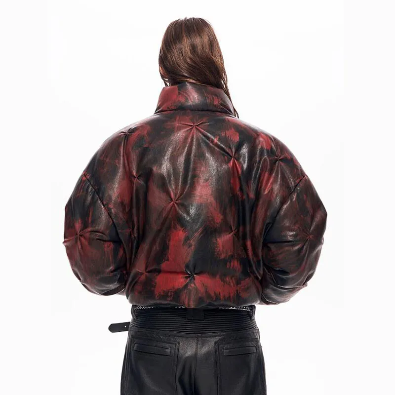 MWJLPWQ سترة قصيرة ذات ياقة ثابتة بتصميم مطوي للرجال رذاذ جديد للأوساخ مسح اللون بولي Leather معطف جلد دافئ من القطن 2025 شتاء 12767 #5