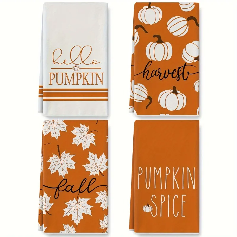 2pcs/set Fall Pumpkin Stripes Kitchen Dish Towels Microfiber Maple Leaf Lettering Dishcloths & Bathroom Hand Drying Towels