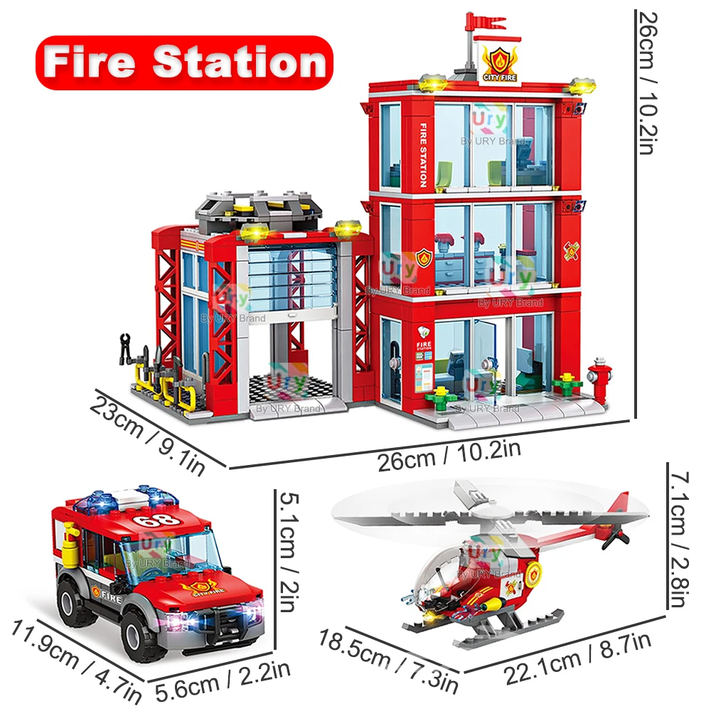 Stadt Feuerwache Leiter LKW Hubschrauber Auto Rettungsboot Feuerwehrmann Figur Flugzeug Modell Moc Bausteine Spielzeug für Jungen Geschenk – Detail 2