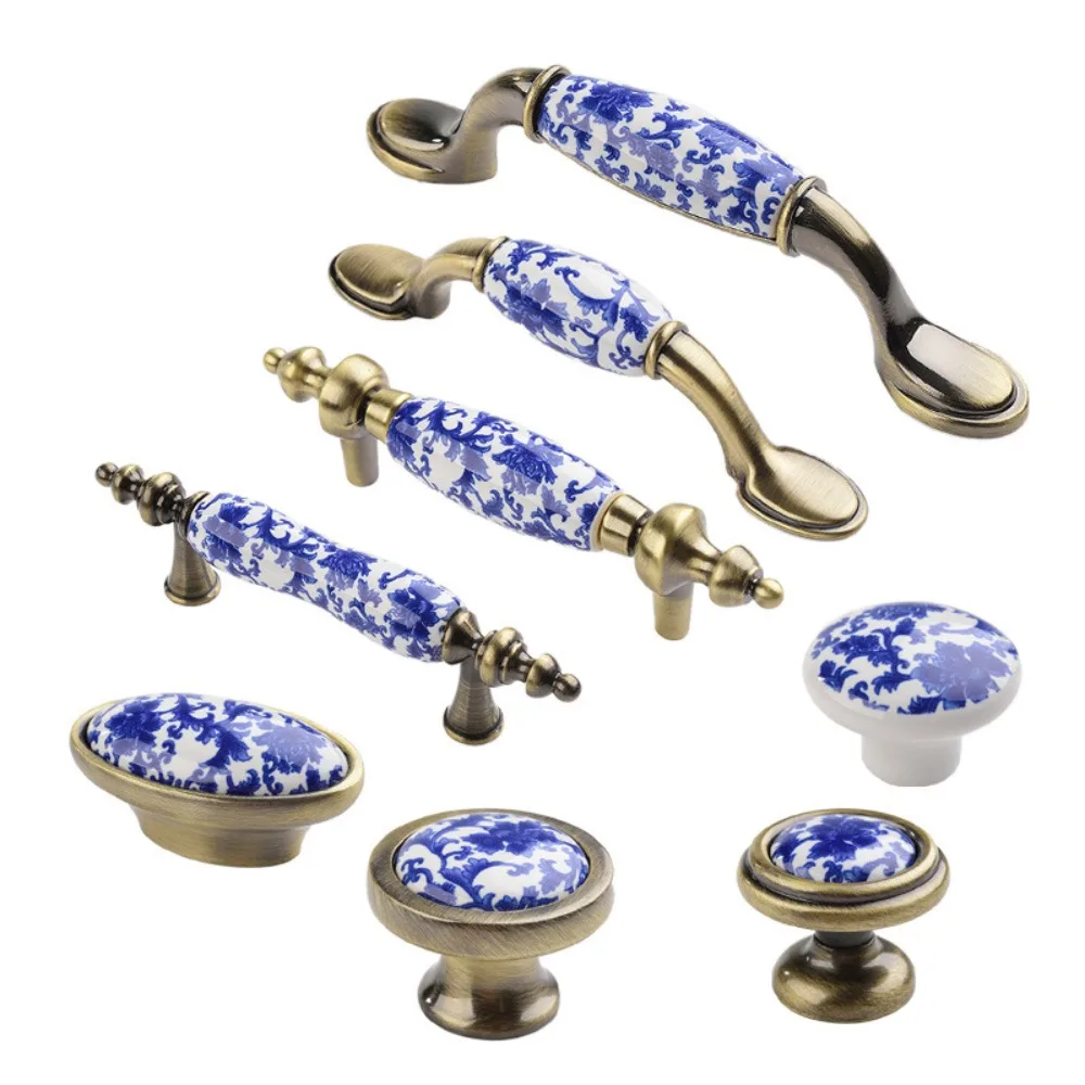 76mm/96mm/128mm Ceramic Furniture Fashion Blue And White Creative Door Handle Pull Handles Drawer Knobs Dresser Cabinet Handles