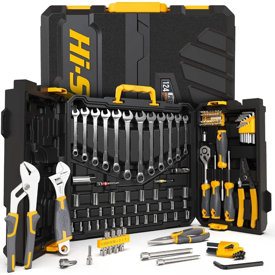 124piece Home Garage Mechanics Tool Set with Socket Wrench for DIY Repairs and Automotive Maintenance Includes Durable Plastic