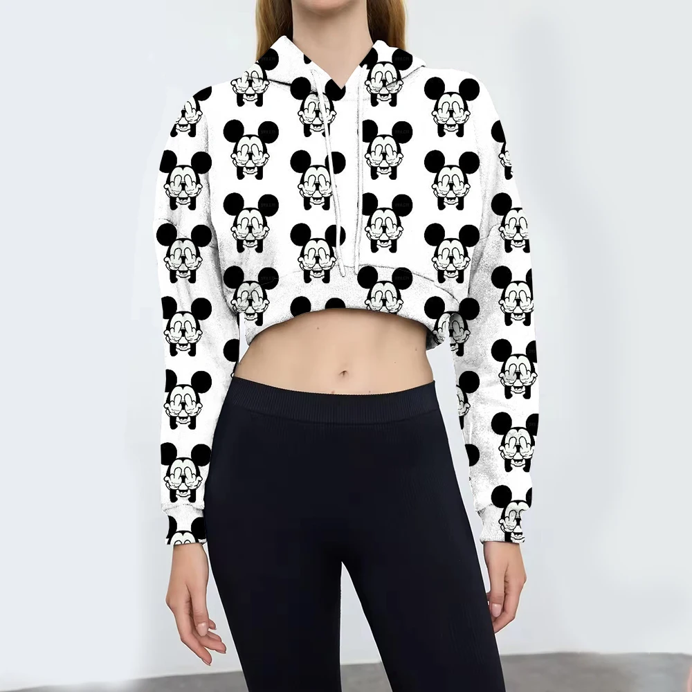 Women's long sleeved yoga top, running shirt, sexy exposed belly button yoga T-shirt, Disney Mickey Mouse sports shirt, quick dr