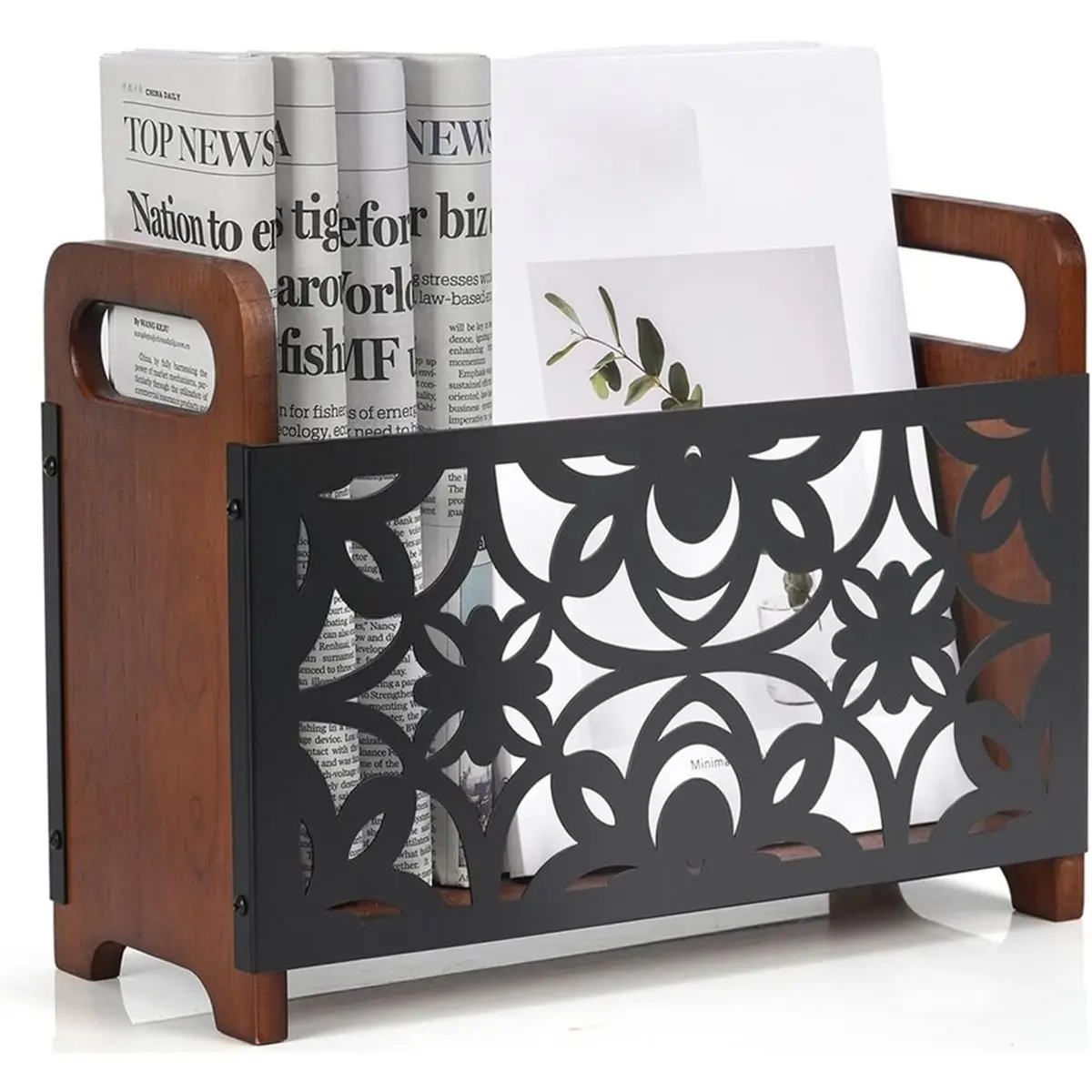 Wooden Magazine Rack, Decorative Document Rack for Rural Areas, Used for Storing Magazines, Books, and Mail Baskets