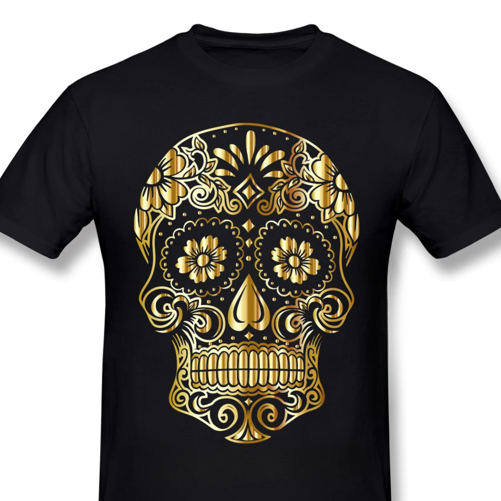 Mexican Sugar Skull Funny 2024 Popular NewArrival Gold Oversize Cotton For outfits fashion Round neck lnformal new harajuku tops