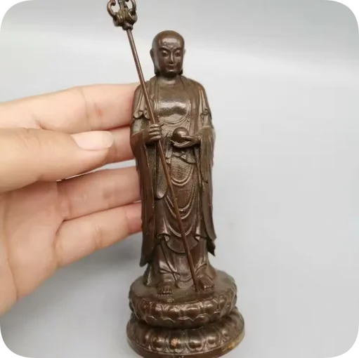 Antique Jizo King Tang Sanzang Buddha Bronze Buddha Statue, Standing Lotus Jizo Handicrafts, Jizo Bodhisattva