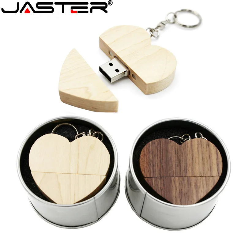 Jaster Ahorn Holz Herz Pen Drive 128GB kostenlos benutzer definierte Logo USB-Flash-Laufwerk 64GB mit Eisen Box Memory Stick 32GB 16GB kreatives Geschenk