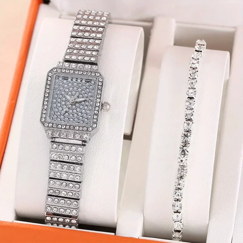 

2pcs/set 1pc Ladies Fashion Rhinestone Roman Steel StrapQuartz Watch 1pc Heart Rhinestone Bracelet Set
