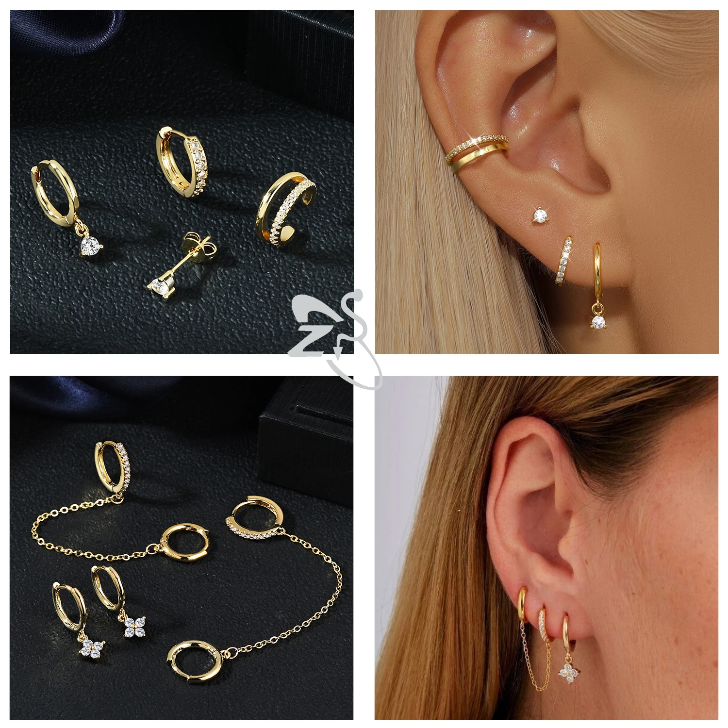 ZS 3-6Pcs/lot Star  Stud Earrings Stainless Steel Ear Studs Green Crystal Cartilage Earrings for Women Gold Color Helix Piercing