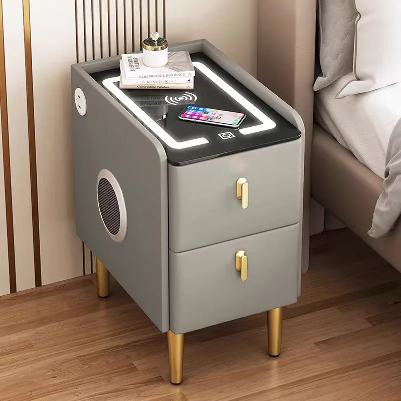 Solid Wood Smart Bedroom Nightstand with LED Light Nordic Style 2 Drawers Beside Table Side Storage Cabinet 30cm End Table