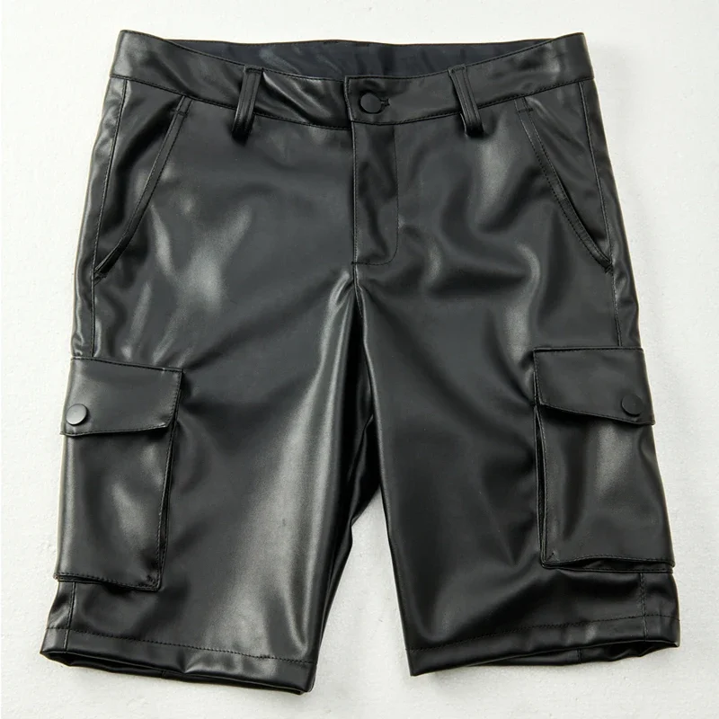 Men\'s Leather Cargo Shorts Stretch Fashion PU Leather Shorts Pockets