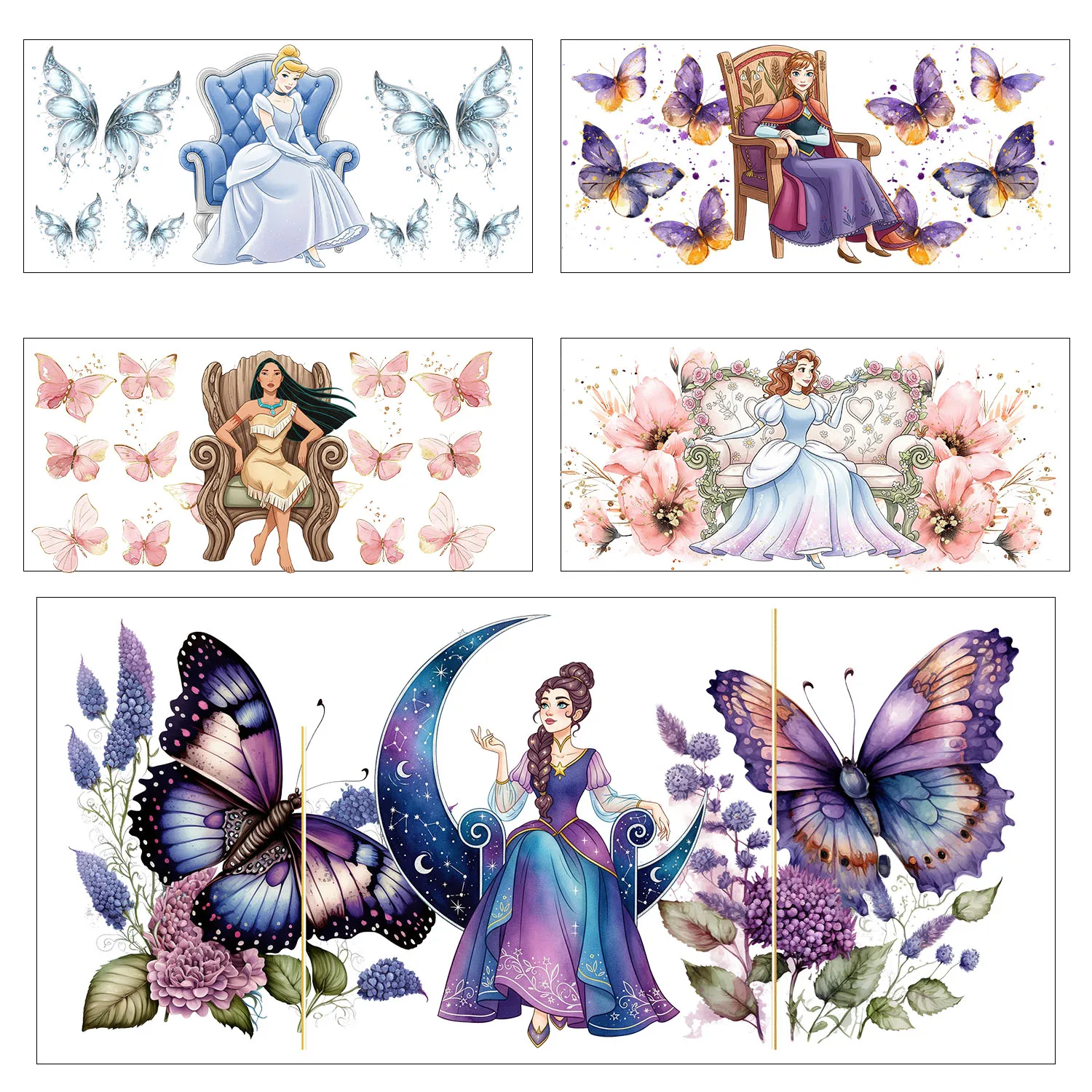 

Elegant fairy tale princess easy peel waterproof DIY Decals 3D transfers uvdtf crystal stickers 16oz uv dtf cup wraps