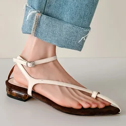 Women's genuine leather narrow band ankle strap flats sandals pointed toe female summer holidays beach sandals shoes for woman