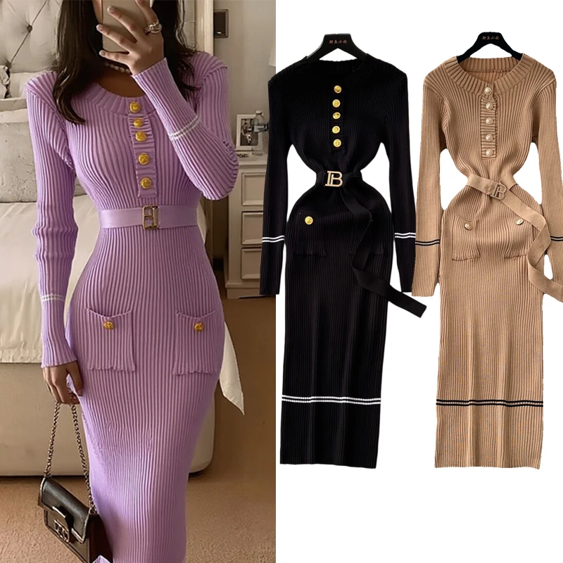 YuooMuoo Damenkleid 2026 Markenmode O-Ausschnitt Knopfdesign Geripptes Strickkleid Langes Kleid Herbst Winter Elegantes Bürokleid für Damen