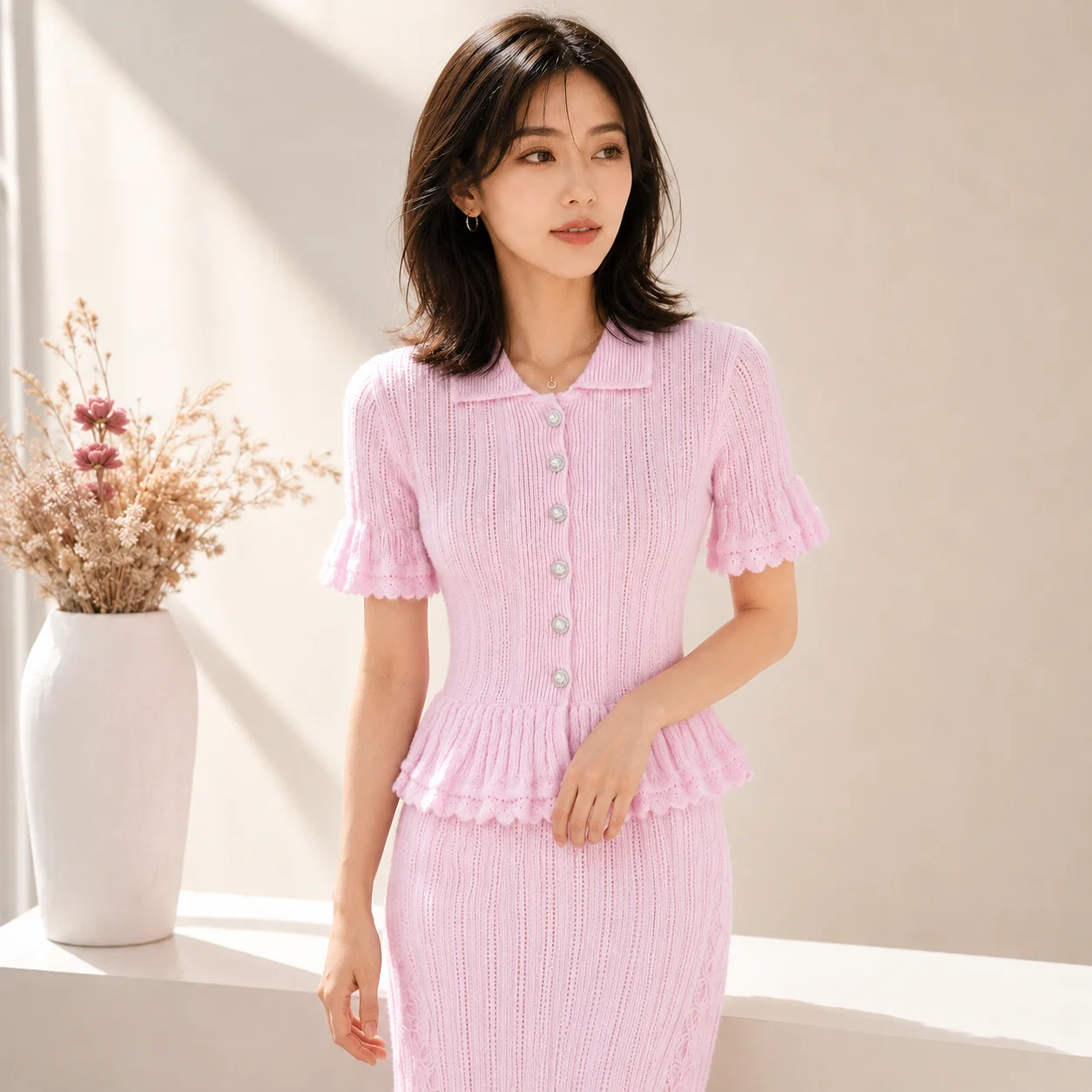 Women's Summer Lace-Trimmed Short-Sleeved Knit Dress Y2K Casual Fishtail Long Skirt Two-Piece Set High-Quality Fashion