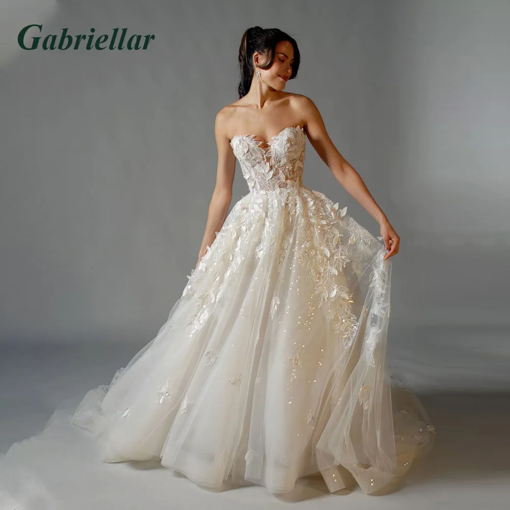 Gabriellar Glitter Strapless Wedding Dresses for Mariages Appliques Tulle A Line Sleeveless Sweep Train Vestido De Casamento