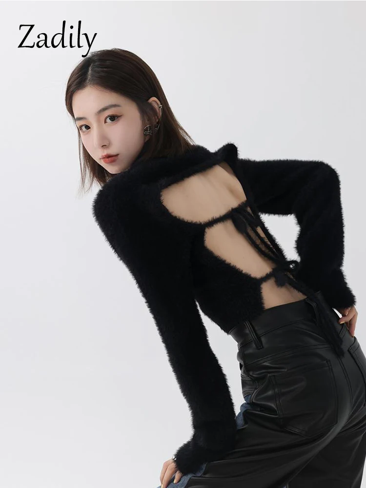 Zadily 2022 Winter Korean Style Slim Long Sleeve Mohair Sweater Women Sexy Backless Bandage Ladies Crop Top Fall Female Pullover