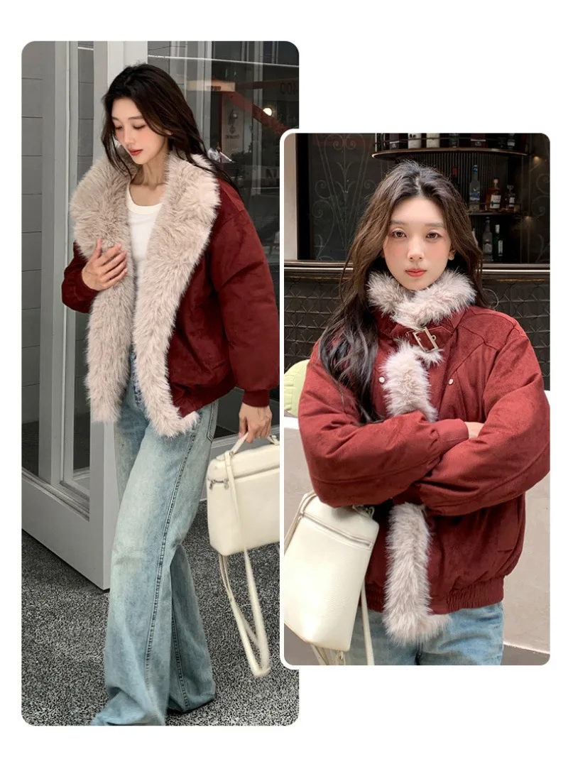 2026 Fashion Down Cotton-padded Jacket Women's Winter Coats Long Fur Collar Short Parkas Thicken Warm Streetwear Loose Outerwear