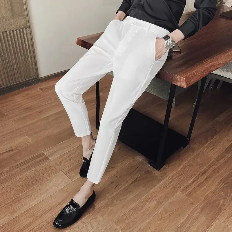 Slim Fit 9 Cropped Tressed Men's Summer Pants Straight Male Suit Trousers Slacks Vintage Chinese Homme Classic Luxury 2024 Up