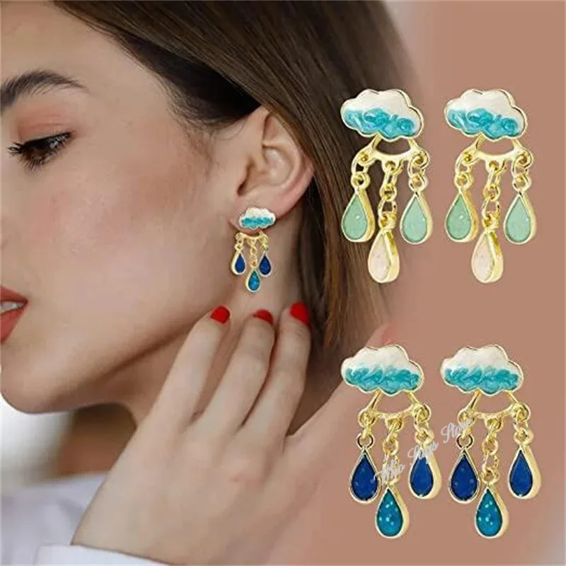 2024 Original Cute Cloud Blue Rain Drop Dangle Earrings for Women Sweet White Glaze Charming Summer Jewelry Gifts