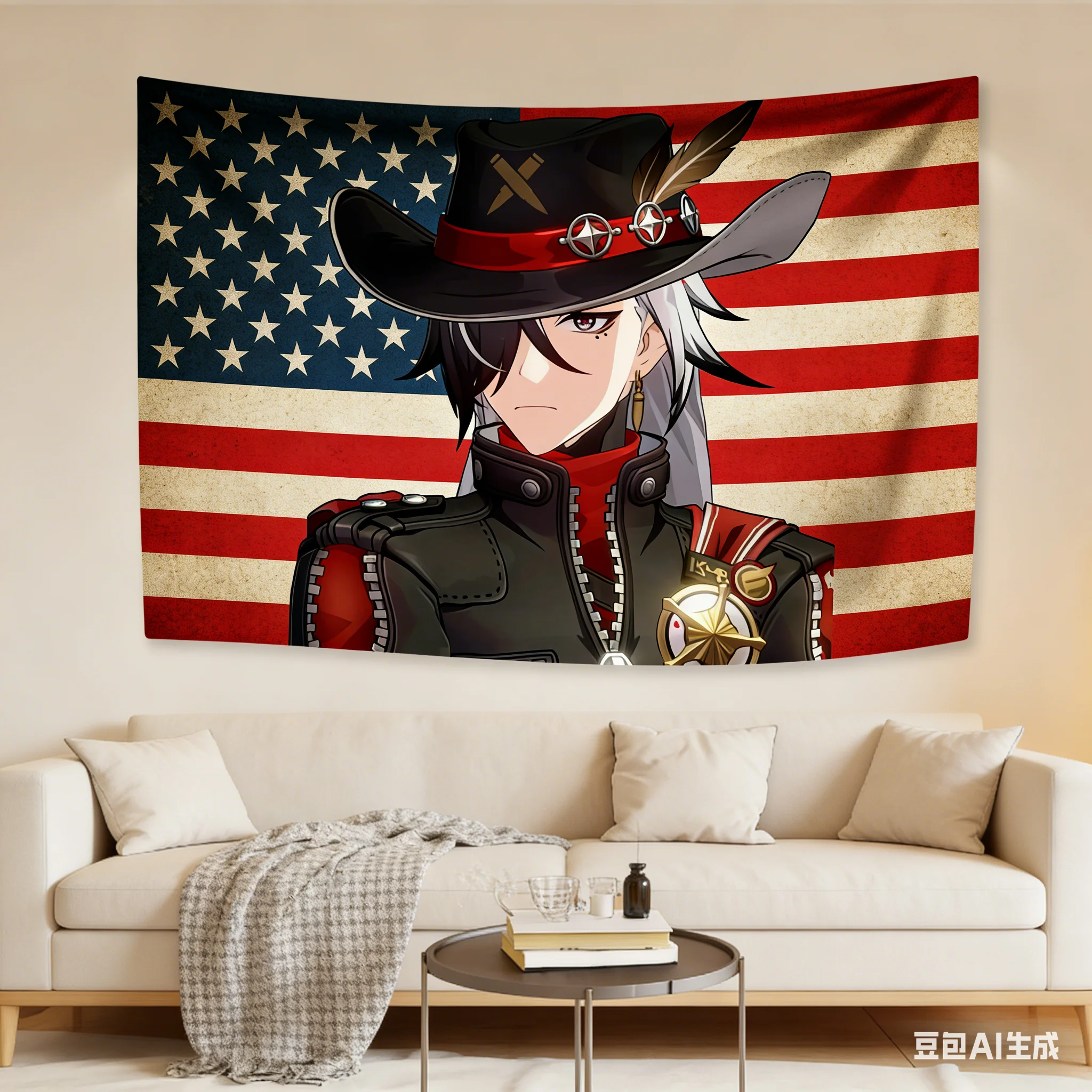 Tapiz de Anime Genshin Impact Honkai Star Rail con Estampado de la Bandera de Estados Unidos de Boothill Argenti, Tapiz de Poliéster para Colgar en la Pared del Dormitorio, Hogar o Residencia