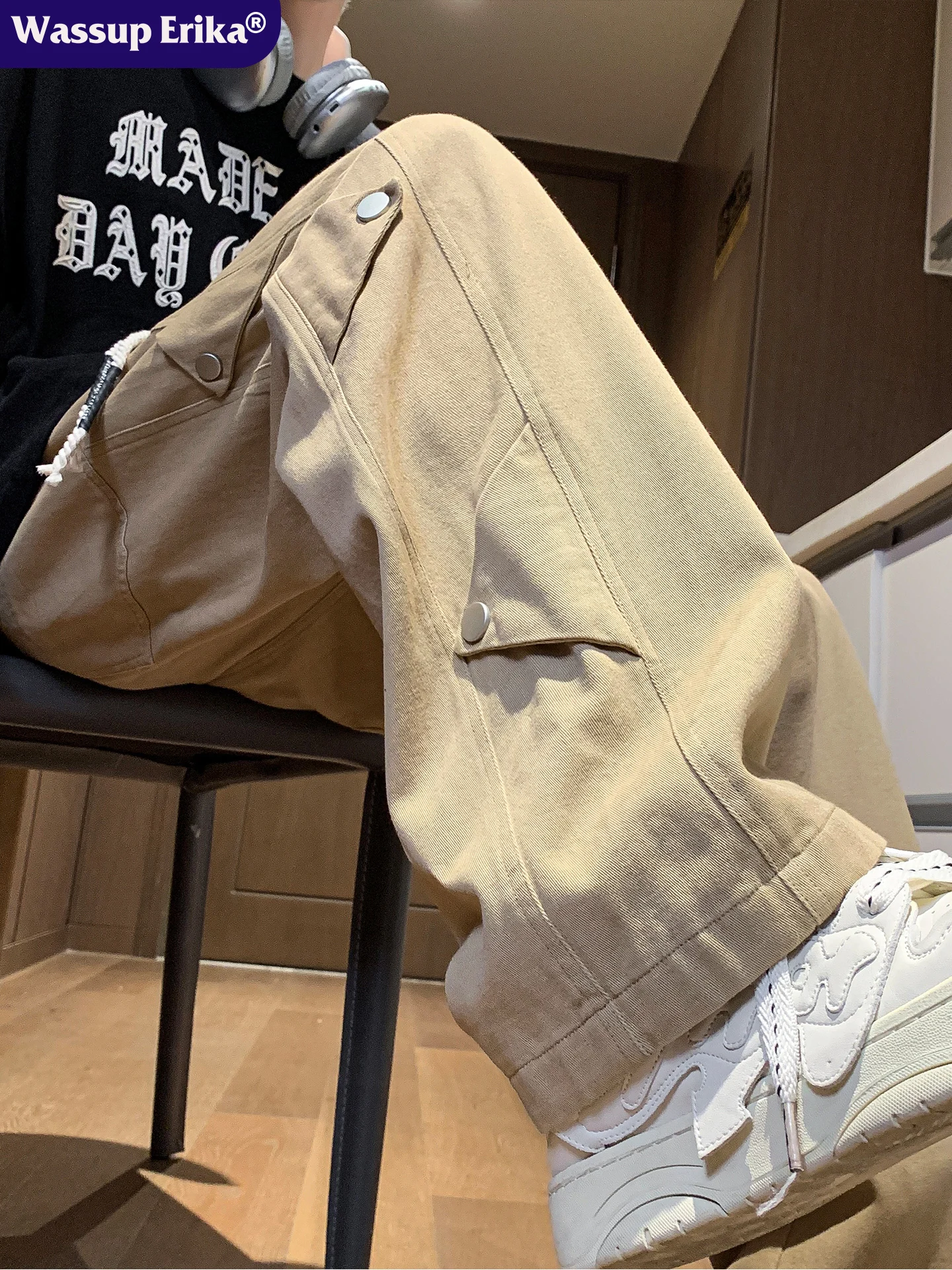 

WASSUP ERIKA Khaki Casual Pants Men's Summer New Sle Sports Workwear Long Trousers Straight Leg Loose Fit Rivet Decorated