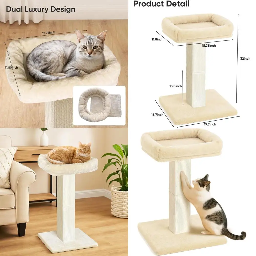

Большая плюшевая лежанка-когтеточка для кошек (32 дюйма) с сизалем и ковровым покрытием, вертикальная стойка с приподнятой лежанкой, съемный моющийся чехол, бежевый