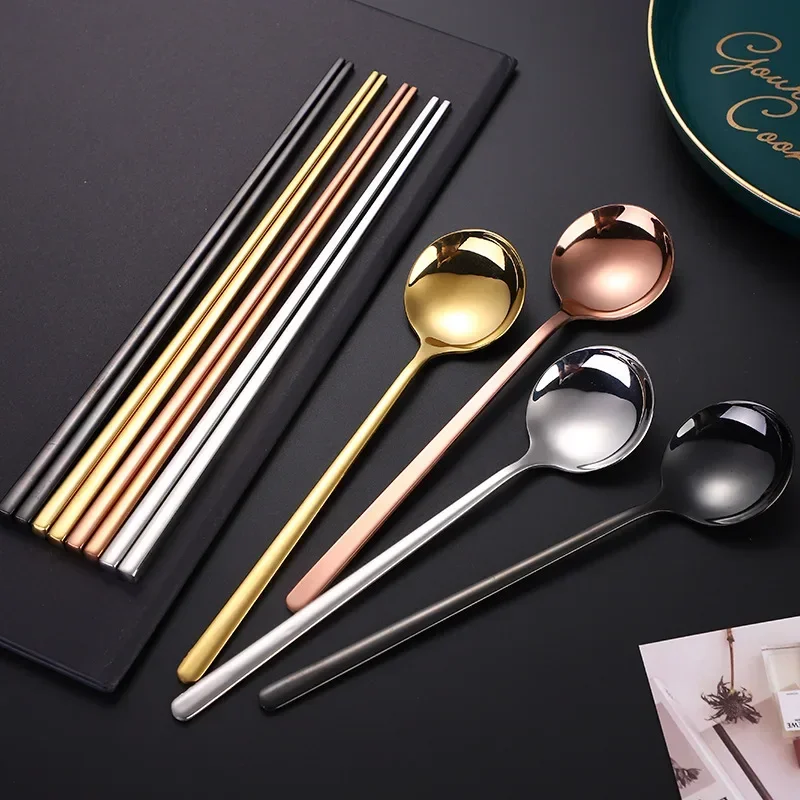 Korean Long Handle Chopsticks Round Head Spoon 304 Stainless Steel Solid Color Cutlery Set Home Tableware Kitchen Utensils Toos