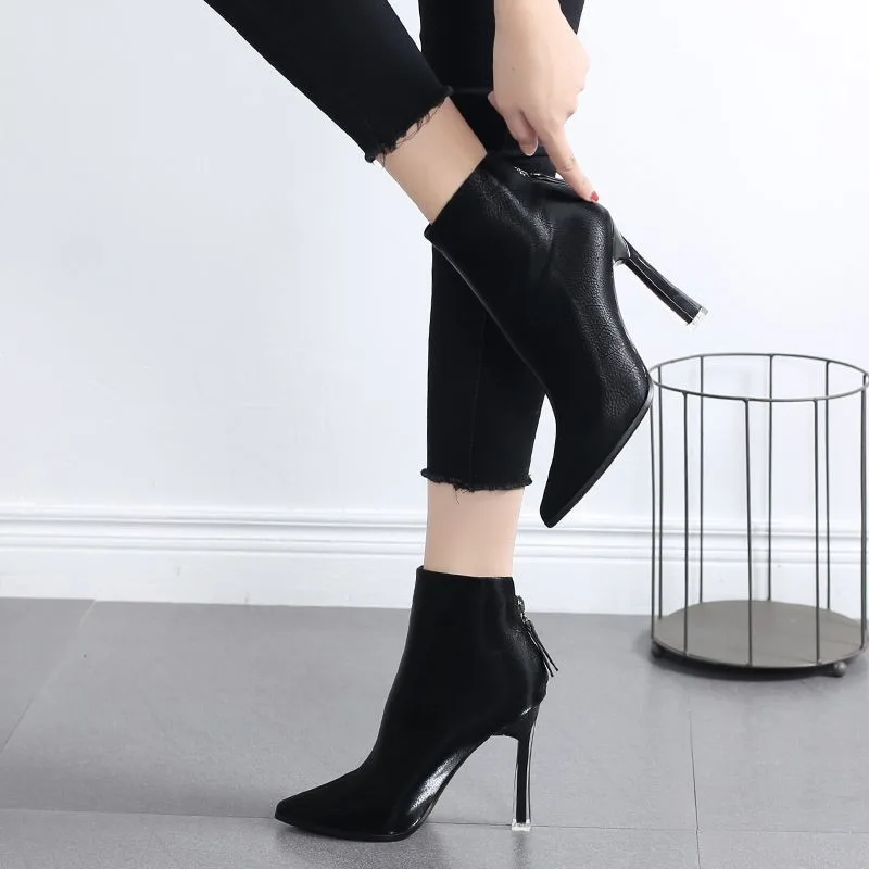 2023 Spring and Autumn Season New Fashion Simple Pointed Solid Color Thin Heel Back Zipper Wearing Women\'s Naked Boots