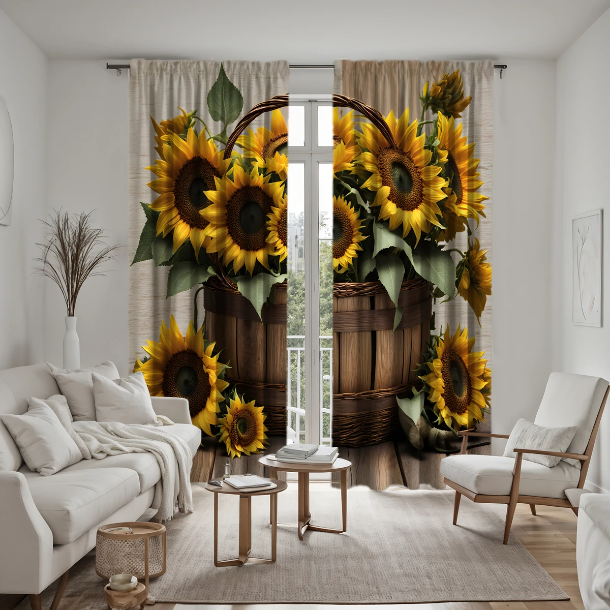 Cesta HD con flores de girasol, cortina decorativa amarilla con estampado digital, decoración del hogar, estilo, 2 piezas