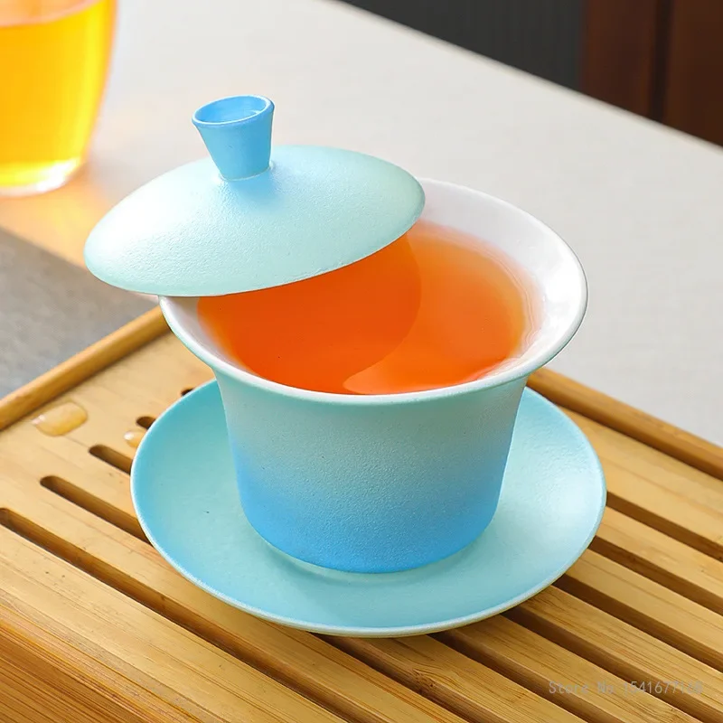 Creative Gradient Color Hovering Cover Bowl Tea Tureen Kung Fu Not Hot Hand Ceramic Household Item Teaware Brewing Tea Bowl, 1Pc