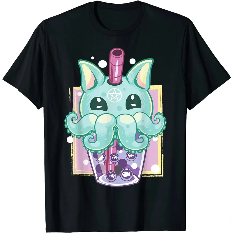 Kawaii Pastel Goth Creepy Creature Boba Bubble Tea Vaporwave T-Shirt Summer Men Cotton Casual Tshirts Funny Large Size Tees 6xl