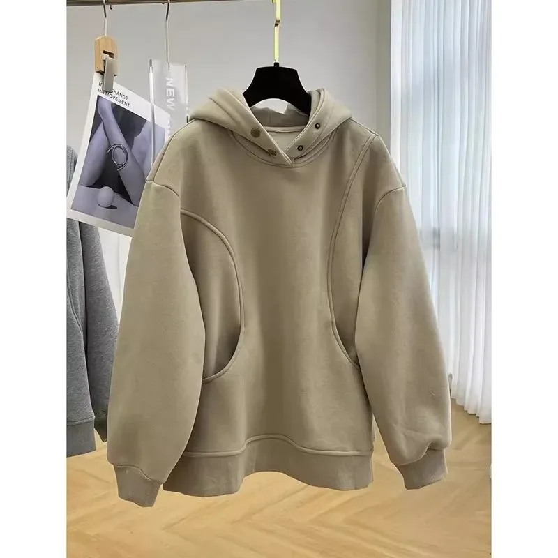 

Модная бархатная утолщенная толстовка с капюшоном для женщин, осенне-зимняя повседневная теплая куртка в ленивом стиле, однотонный топ на пуговицах