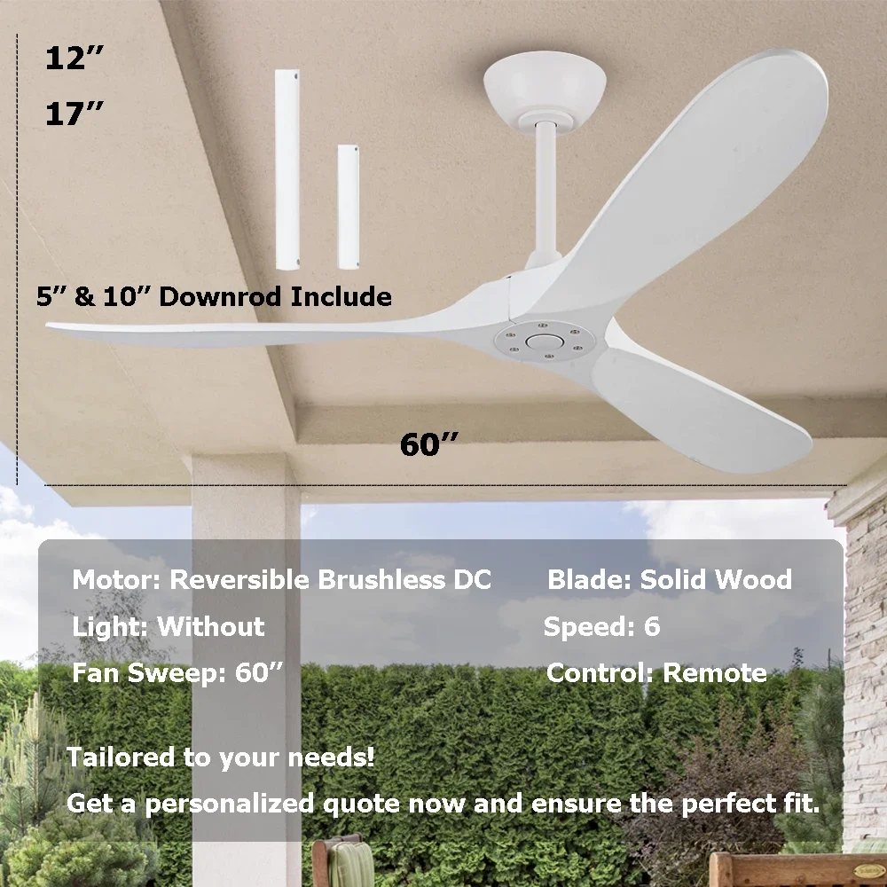 Modern Black 3 Wooden Blade Indoor Outdoor Patio Ceiling Fan 60 Inch - Comfort Silent, Energy-Saving, Reversible For All Seasons