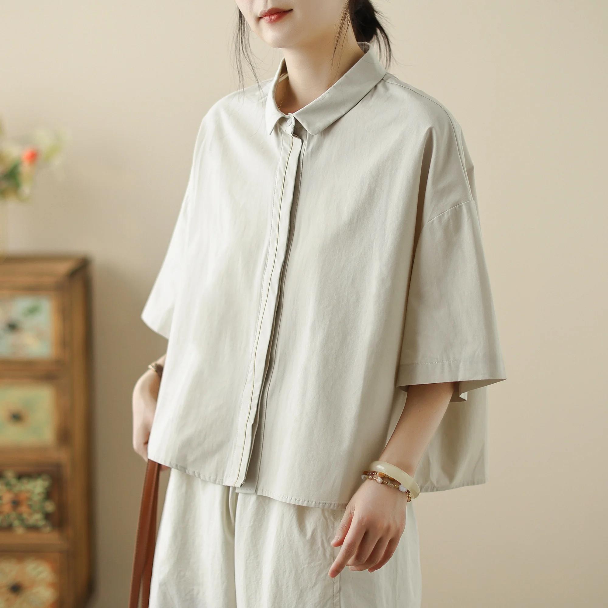 High-End Korean Japanese Artistic ort Sve Cotton Linen Embroidered irt Summer Wear Pear ape Fitting Women's Top