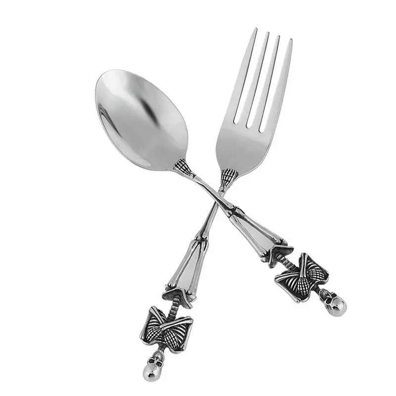 Più nuovo acciaio al titanio scheletro teschio forchetta cucchiaio stoviglie tavolo da pranzo Vintage posate Set di posate artigianato in metallo