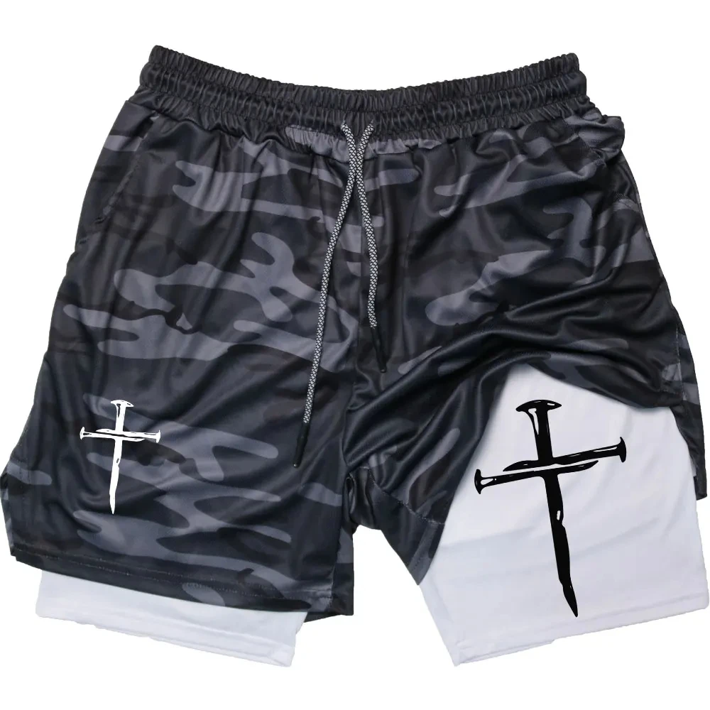 New Men\'s Shorts with Jesus Cross Print Sports Shorts 2-in-1 Mesh Quick Drying Fashionable Jogging Leisure Gym Training Shorts