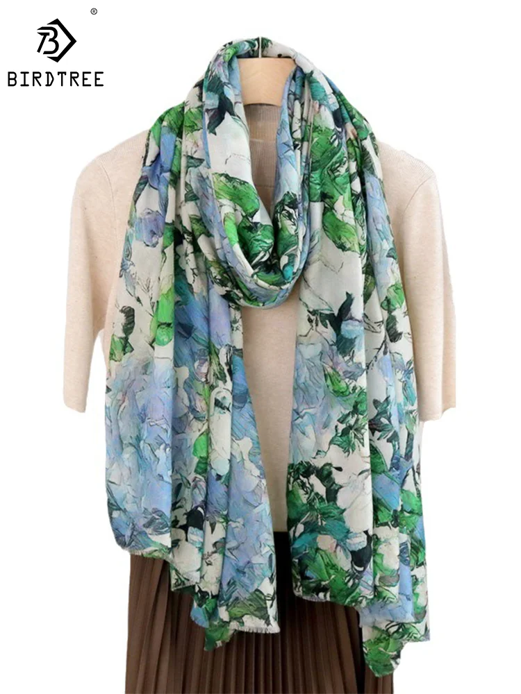 Birdtree 100%Australian Wool Floral Print Scarf Mom Gift Elegant Fashion Woman Shawl 2024 Spring Warm New Scarves A3D937QM