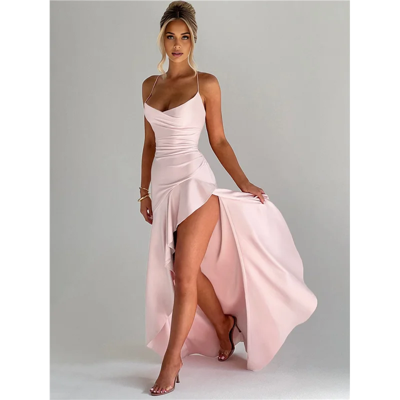 AOAO- فستان كوكتيل نسائي برقبة على شكل حرف V بدون أكمام من الساتان بحاشية مكشكشة ضيقة وطويلة غير رسمية مفتوحة من الخلف بفتحة عالية