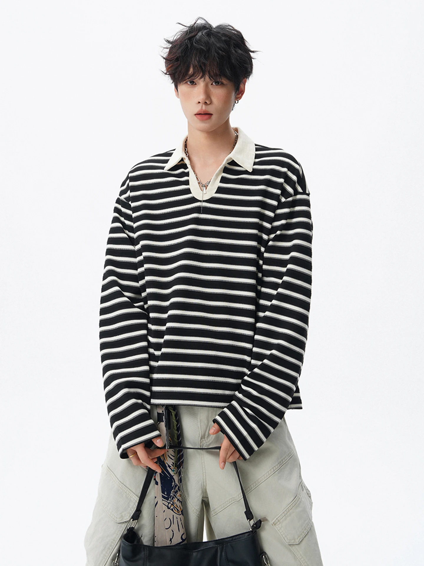 

Loose Long Sve Men's irt Striped American Retro Lazy Sle Base Layer T-irt for Autumn Wear under irt