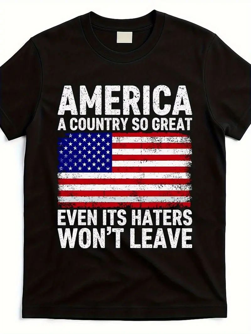 Patriotic Graphic Tee Celebrating America, Worn American Flag Design, Black Casual Round Neck Shirt For Adults, Machine Washable