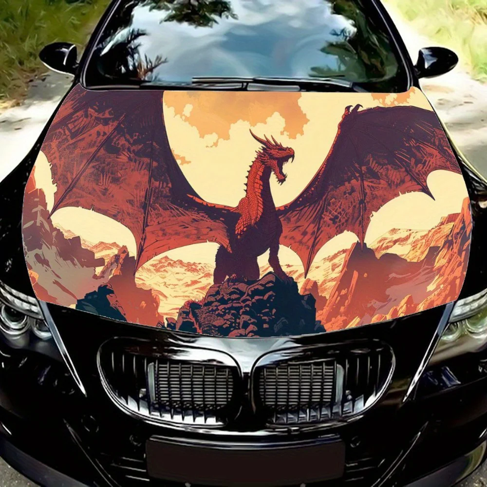 Dragon Spreads Wings Stands on Cliff Car Hood Wrap Color Vinyl Sticker Truck Graphic Bonnet Auto Accessories Decor Decal Gift