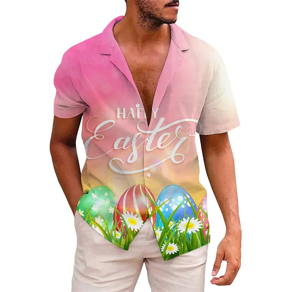 

3D Pink Men Cartoon Rabbit Hawaiian Shirts Funny Easter Day Printed Beach Shirt Women Clothes Kids Colored Egg Shirt Button Top