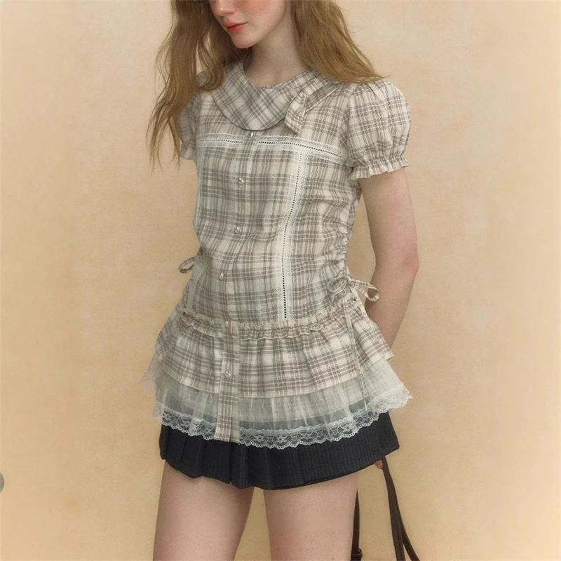 Camicia Y2k scozzese con colletto a palloncino in stile retrò americano Camicia estiva nuova in pizzo slim fit Camicie Abbigliamento femminile 1]1]