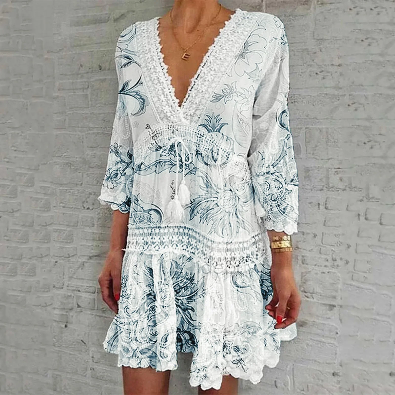 2024 Summer Sexy Hollow Out Print Vintage Dress Women Elegant Long Sleeve A-Line Dresses Fashion Deep V Neck Party Dress Vestido