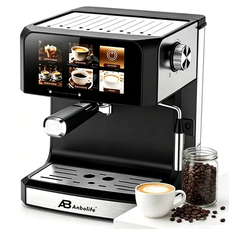 Anbolife Espresso Coffee Machine Factory Wholesale OEM Digital Color Display Screen Milk Steam Matte No Fingerprints ULKA
