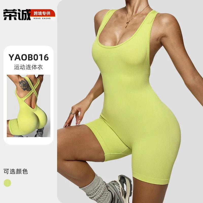 

Women's Summer Jumpsuit Lime Green Ribbed Rompers Sleeveless High Waist Gym Unitard Crisscross Low Back Bodysuit Polyester One