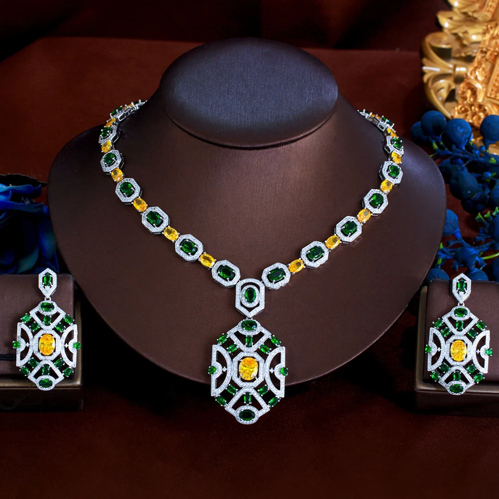 

BeaQueen Geometric Ethnic Green Yellow CZ Crystal Long Dangle Earrings Necklace Sets for Women Anniversary Jewelry Gifts JS236